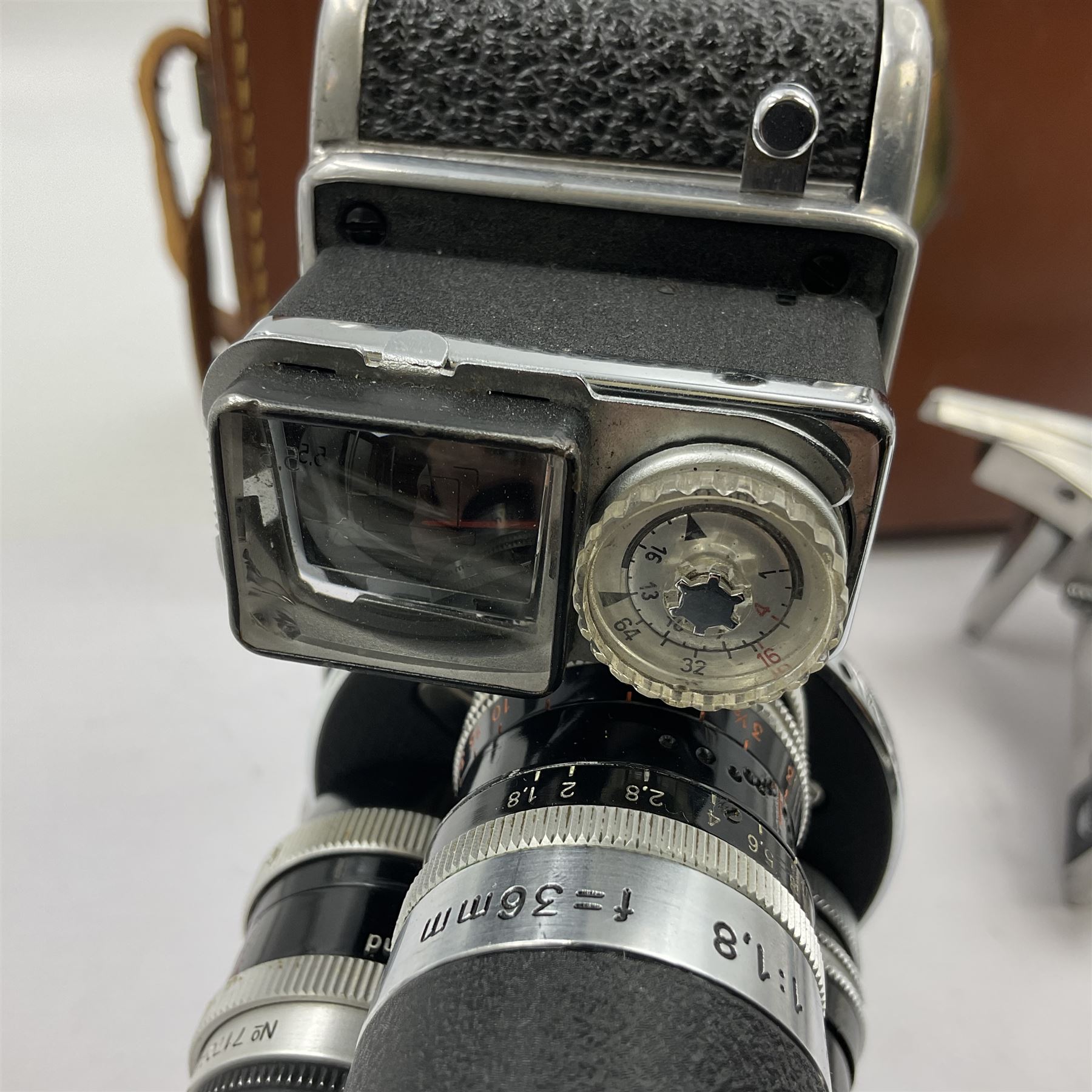Paillard Bolex D8L STD 8mm cine camera body, serial no. 831223, with 'Paillard Switar 1:1.8 f=36mm AR' lens, serial no. 769123, Paillard Yvar 1:1.8 f=13mm AR' lens, serial no. 782154 and Paillard Pizard 1:1.9 f=5.5mm AR' lens, serial no. 717045, in leather carry case