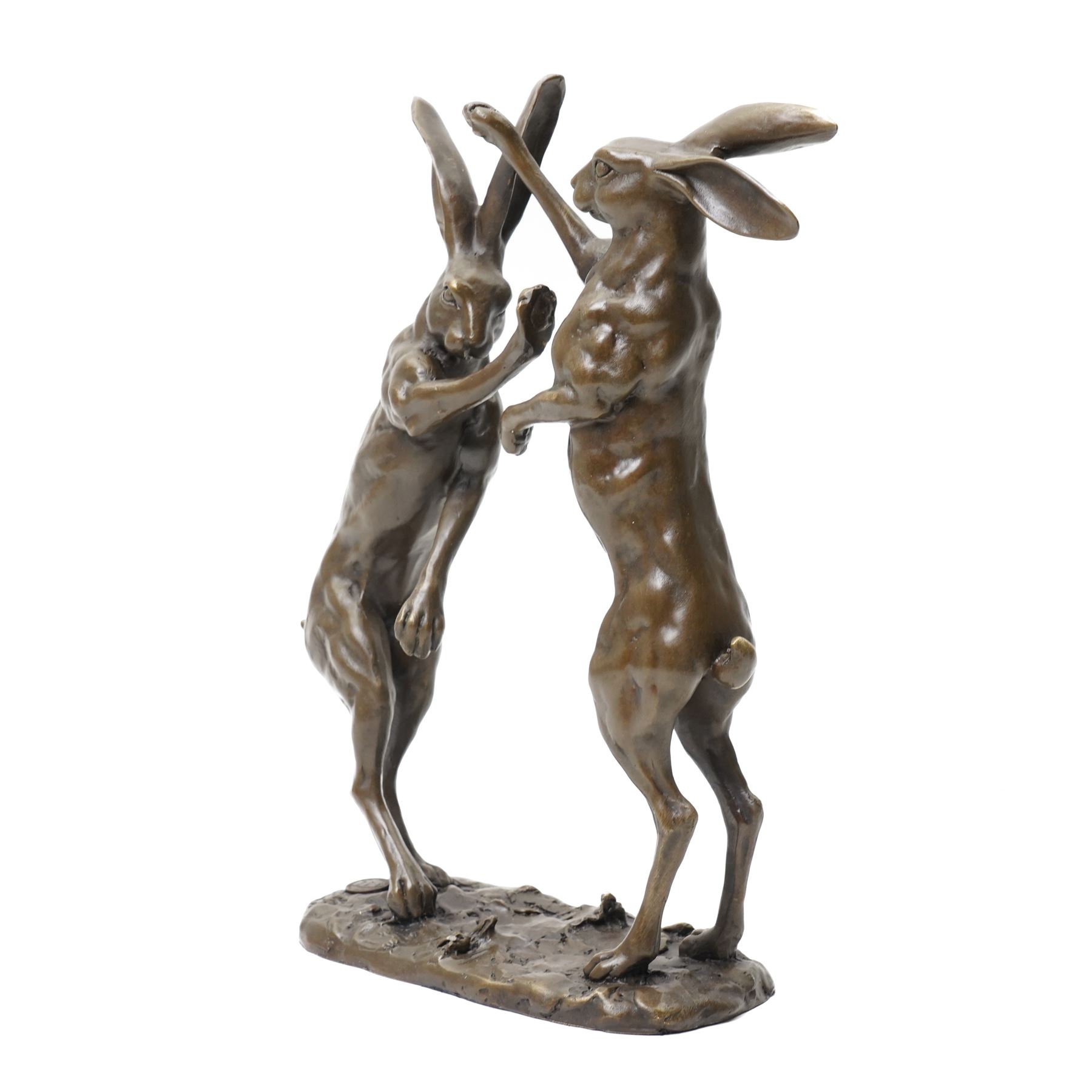 Bronze figure group, modelled as two male hares boxing, upon a naturalistic base, with foundry mark, H27cm