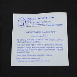 Fabrizio Mantellassi - 20th century Italian red leather suite, one three seat and two large armchairs, upholstered in deep red hide with stitched seam detailing, with magazine pockets to each side, the rectangular back cushions above broad padded arms and seat cushions, raised on low block bases

Sofa: H c98m, W 203cm, D 92cm
Armchair: H 98cm, W 113cm, D 92cm