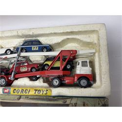 Corgi - Gift Set no.41 comprising Carrimore Mark Iv Transporter, Morris Mini-Cooper, BMC Mini-Cooper S, Morris Mini-Minor, Volvo P.1800 and Sunbeam IMP; missing MGC GT car; in original box 