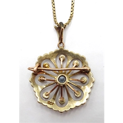  Early 20th century aquamarine and seed pearl rose gold flower pendant/brooch stamped 9ct with gold box chain necklace hallmarked 9ct  
