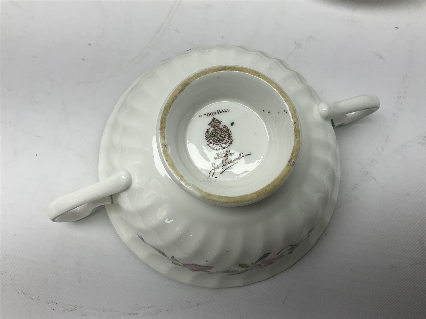 Minton Haddon Hall part tea and dinner service, including six cups and saucers, six dinner plates, six side plates, six twin handled bowls and saucers etc (44) 