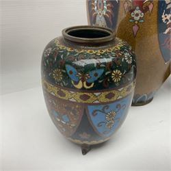 Pair of Japanese cloisonne Koro, decorated with colourful flower head motifs and raised on three feet, missing covers, together with a cloisonne vase, vase H30cm
