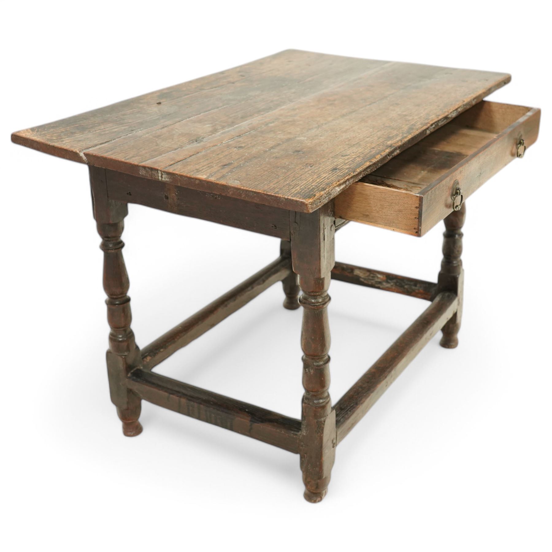 18th century oak side table, two plank rectangular top over single drawer, on turned supports united by plain stretchers 