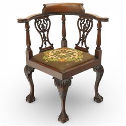 Late Victorian mahogany corner chair, shaped cresting rail over pierced and carved splats ...