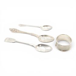 Silver christening spoon, together with two other silver spoons and napkin ring, all hallmarked 