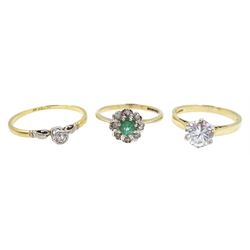 Gold single stone diamond ring, stamped 18ct Plat, 9ct gold emerald and diamond cluster ring and a 14ct gold single stone cubic zirconia ring, both hallmarked 