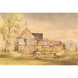 Graham Blaine (British 20th Century): 'Warwickshire Barn', watercolour signed, titled on label verso 24cm x 51cm 