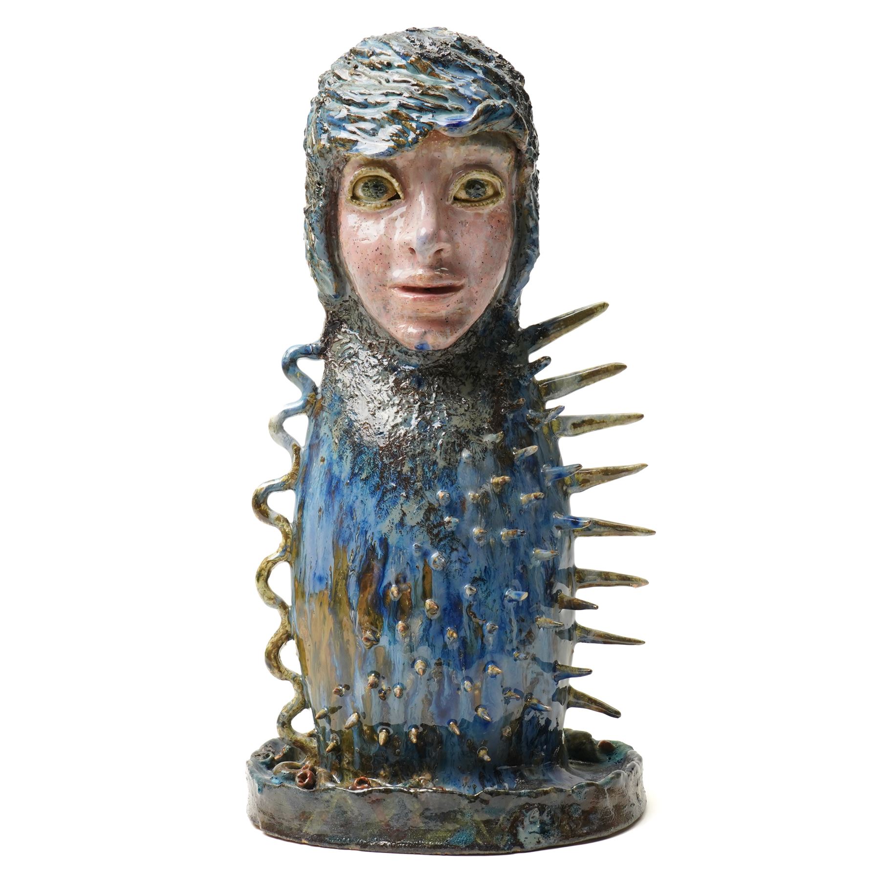 Galea Belinscaia (Yorkshire Contemporary): 'The Mermaid', two faced blue and green glazed figurative sculpture, H42cm 
Notes: Awarded second prize in the 2019 Bradford Open exhibition and Art Competition judged by John Loker and Caroline Douglas. The sculpture was complimented for its tremendous presence, with the judges noting that Belinscaia's work is 'witty, inventive and wonderfully dynamic.'