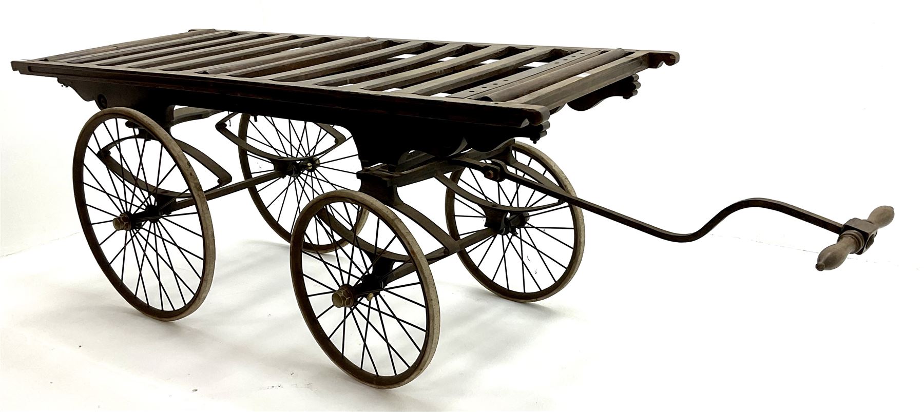 Victorian oak hand pulled cart funeral bier, rolling top, bow suspension, steering arm and spoke graduation wheels 