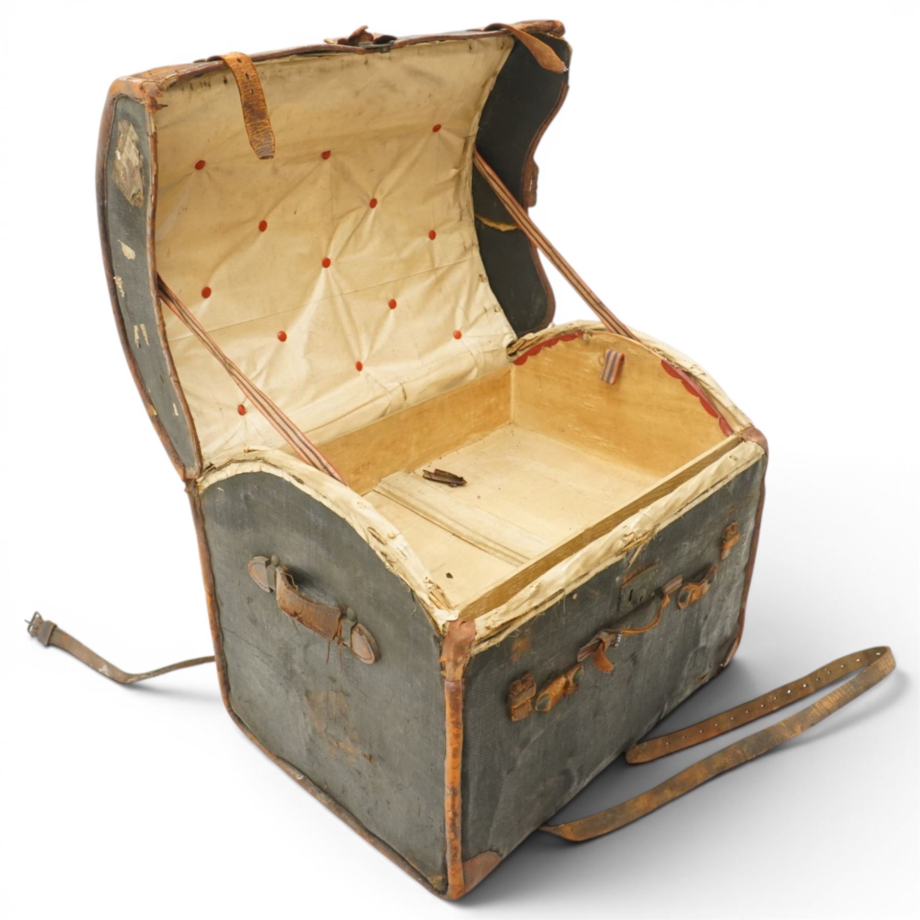 19th century leather and oak bound dome-top trunk with Waterloo and other affixed travel labels