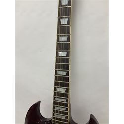 Gibson Epiphone SG six string electric guitar, with cherry red mahogany finish and black scratch guard, L102cm