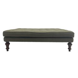 Peter Silk of Helmsley - large rectangular footstool upholstered in buttoned green tweed fabric, on turned mahogany feet