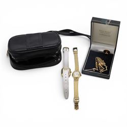 Moeris 9ct gold manual wind wristwatch, on 9ct gold bracelet, gold-plated button, two othe...