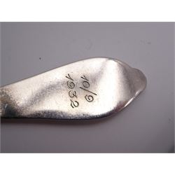 1930s Norwegian silver cutlery for six place settings, comprising table spoons, table forks and silver handled table knives, cake forks, tea spoons and demitasse spoons, one cake slice, serving spoon, sauce ladle and a pair of silver handled servers, all embossed with rose decoration and engraved with initial K to terminal and 10/9 1932 verso, stamped NM 830s