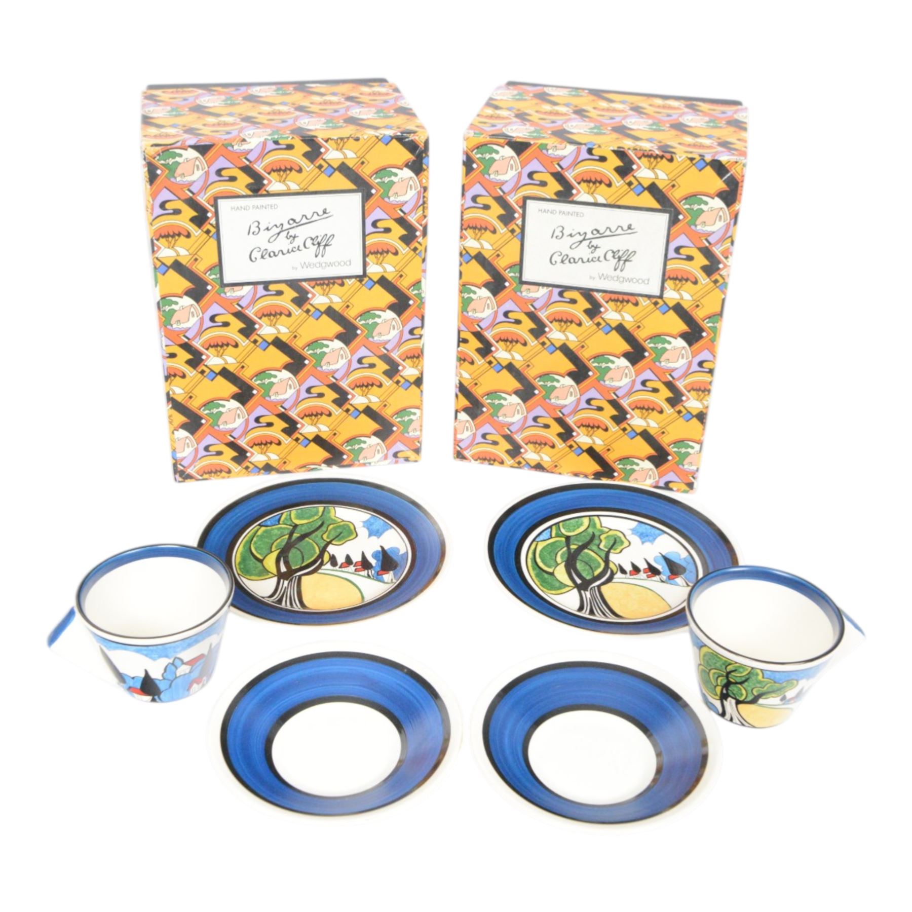 Wedgwood Bizarre by Clarice Cliff, Two sets of Blue Autumn Colonial Teacup, saucer and side plate, limited edition 273 and 273 of 500, both with certificate and box