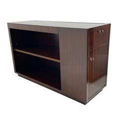 Ralph Lauren - pair 'Metropolis' Art Deco design end-tables, rosewood finish box frame with smoke glass inset, each fitted with cupboard, drawer and shelf