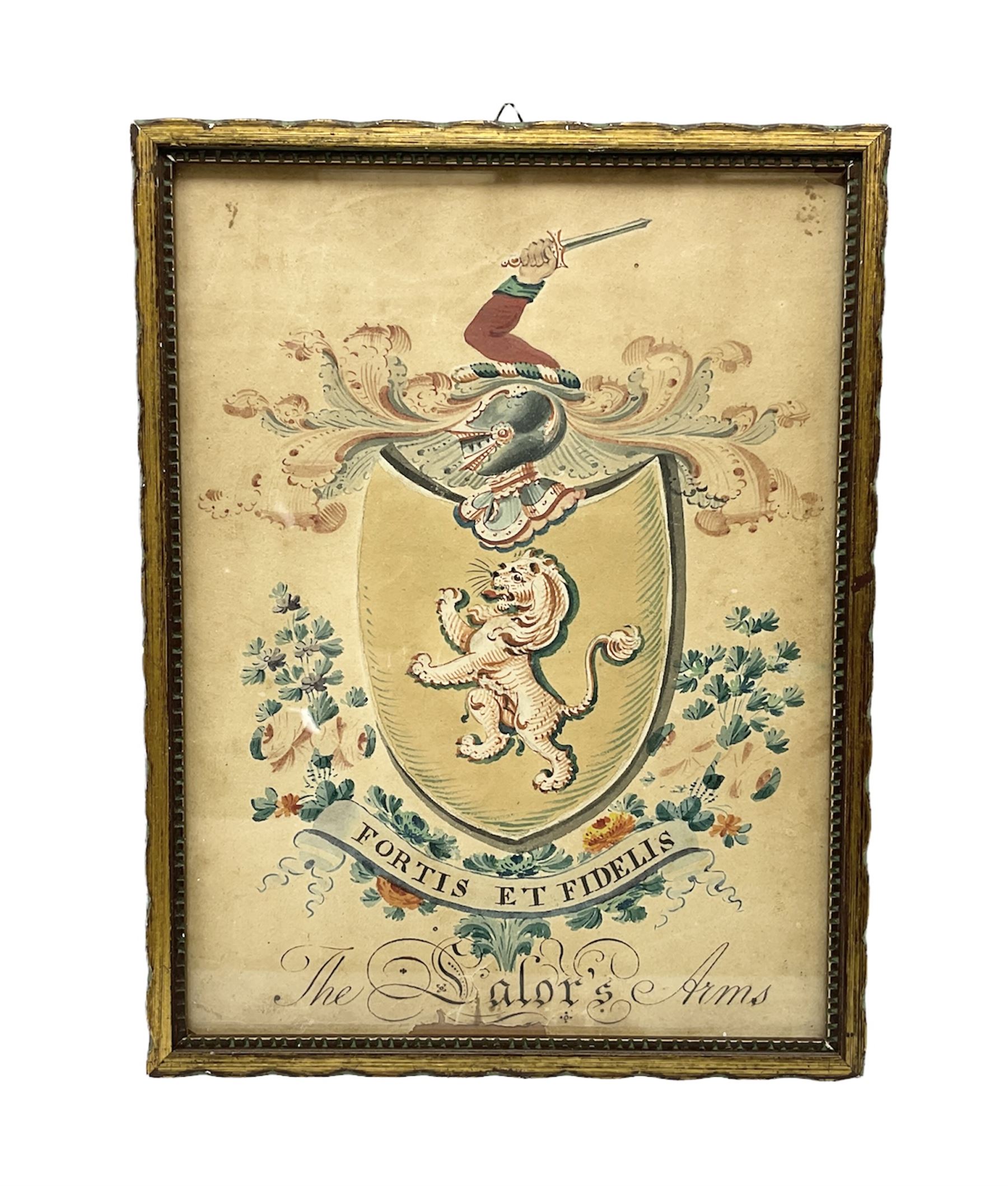 19th century heraldic watercolour depicting 'The Salor's Arms', lion rampant within a shield beneath a knight's helmet, embellished with floral and scrolling decoration, inscribed with family motto 'Fortis et Fidelis' (Strong and Faithful) 