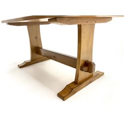 'Lizardman' oak dining table with rectangular adzed top, solid end supports connected by pegged stretcher on sledge feet by Derek Slater of Crayke, 153cm x 83cm, H73cm