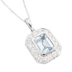 18ct white gold emerald cut aquamarine and round brilliant cut diamond pendant necklace, stamped, aquamarine approx 2.00 carat, total diamond weight approx 0.90 carat