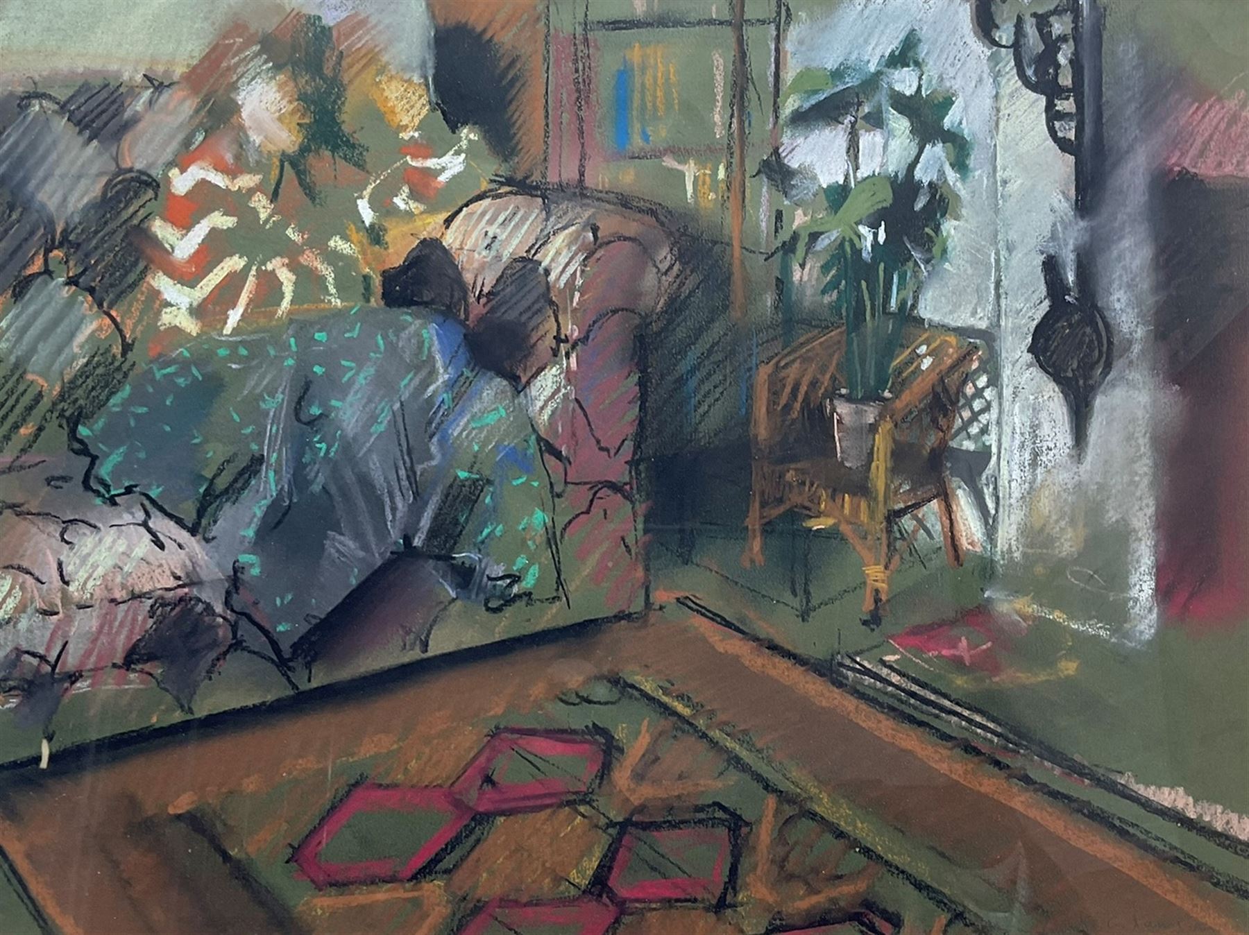 Crawfurd Adamson (Scottish 1953-): Lady on a Sofa, pastel signed 32cm x 44cm
Notes: born in Edinburgh, studied at Duncan of Jordanstone College of Art Dundee 1971-76, became a full time painter in 1983. Adamson's pictures explore relationships, real and abstract, through figures posed in interiors or on the seashore. Works held by Metropolitan Museum of Art New York