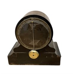 French- late 19th century mahogany and ebonised 8-day mantle clock c1890, cased drum movement with an enamel dial, Roman numerals and steel moon hands, countwheel striking movement, sounding the hours on a bell. With pendulum.