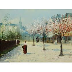 John Bampfield (British 1947-): Blossom Lined Street, oil on canvas signed 29cm x 39cm