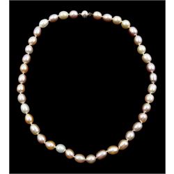 Singles strand peach, pink and white cultured pearl necklace, with 9ct white gold clasp, stamped 375 