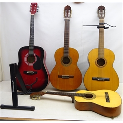  Joan Cashimira acoustic guitar model 77, Klira acoustic guitar, Falcon FG100R guitar & Falcon children's acoustic guitar, with two stands (4)  