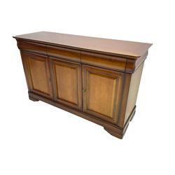 Cherry wood sideboard, fitted with three cushion drawers over three panelled cupboard doors, on bracket feet