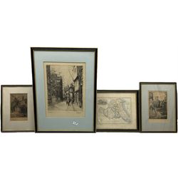 Thomas Bonfrey Burton (Beverley 1886-1941): 'The Street' and 'Old Shops in Walkergate Beverley', two etchings signed and titled in pencil; Wilfred Stephens (British early 20th century): 'The Priory - Christchurch', etching signed and titled in pencil; James Neele (British 1791-1868) after George Kemp (British fl.1823-1843): 'East Riding and Ainsty of Yorkshire' with Vignette of Beverley Minster, engraved map with hand colouring pub. 1836 max 30cm x 23cm (4)