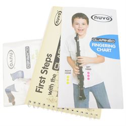 Two Clarineo Numo TM plastic C clarinets, one black and one white, in soft carry cases with instrucional cds and other accessories 