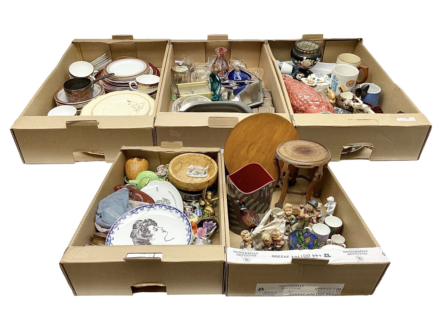 Five Goebel Hummel figures including Trumpet Boy, Max and Moritz and Soloist, Doulton Lambeth miniature tankard, Caithness Paisley Twist paperweight, Duchess Winchester tea and dinner wares and a collection of other ceramics and glassware, etc, in five boxes