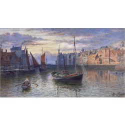 John Pearson (British ?-1921): Looking down the Esk to Whitby Harbour at Sunset, watercolour signed 29cm x 52cm 
Notes: Pearson who lived at Moldgreen was a founder member and past president of the Huddersfield Art Society.