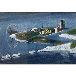 G Davis (British 20th century): 'Spitfire over the Needles', watercolour signed, titled verso 6cm x 9cm