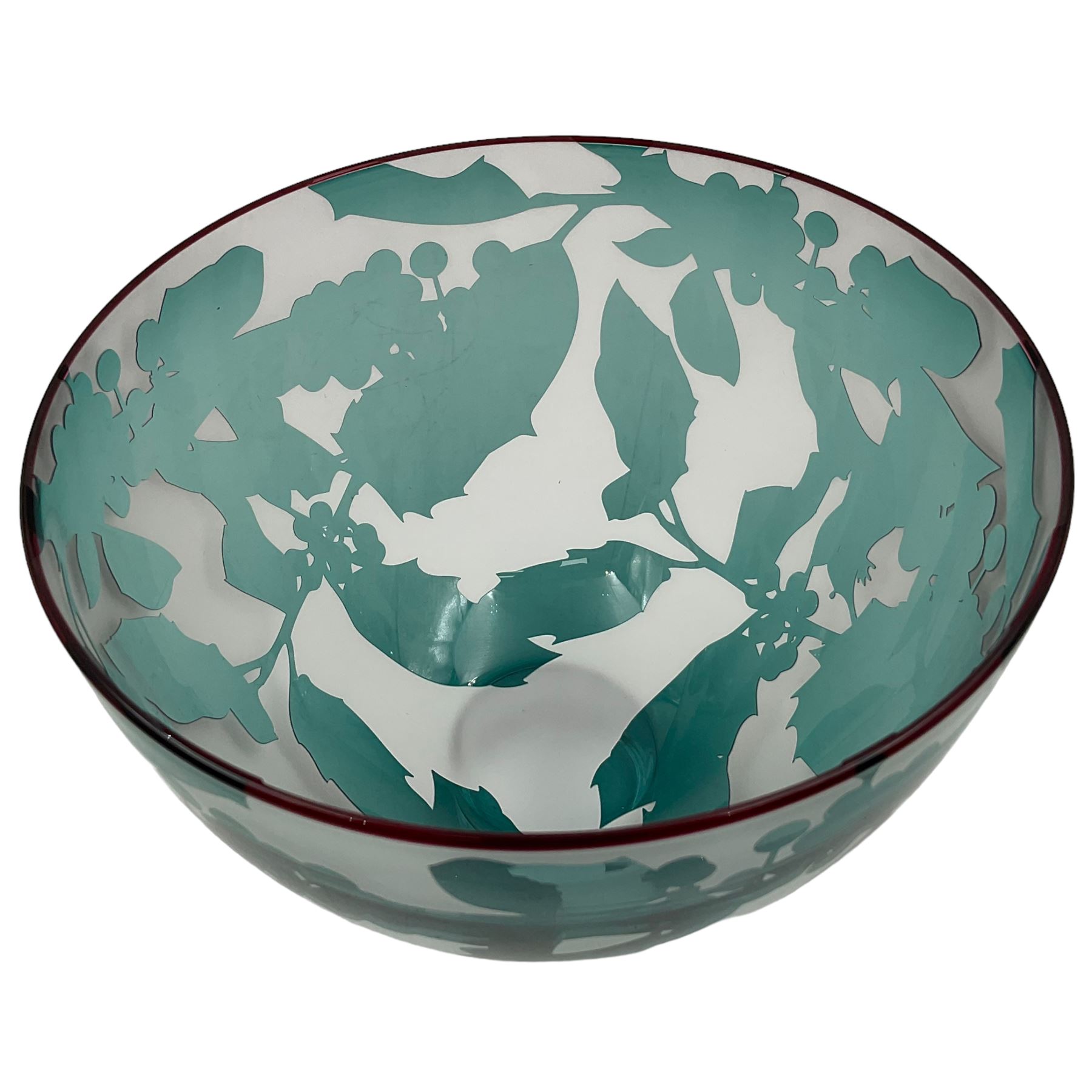 Gillies Jones of Rosedale glass bowl decorated with green foliage with red rim,  upon a short clear tapering foot, signed to base, H13cm D15.5cm