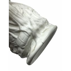 Victorian Parian ware twin handled vase detailed with Bacus masks fruiting vines and floral sprays H36cm, together with a Parian jug H14.5cm, classical Parian sculpture H40cm, decorative plaque decorated in high relief depicting two children D18.5cm. 