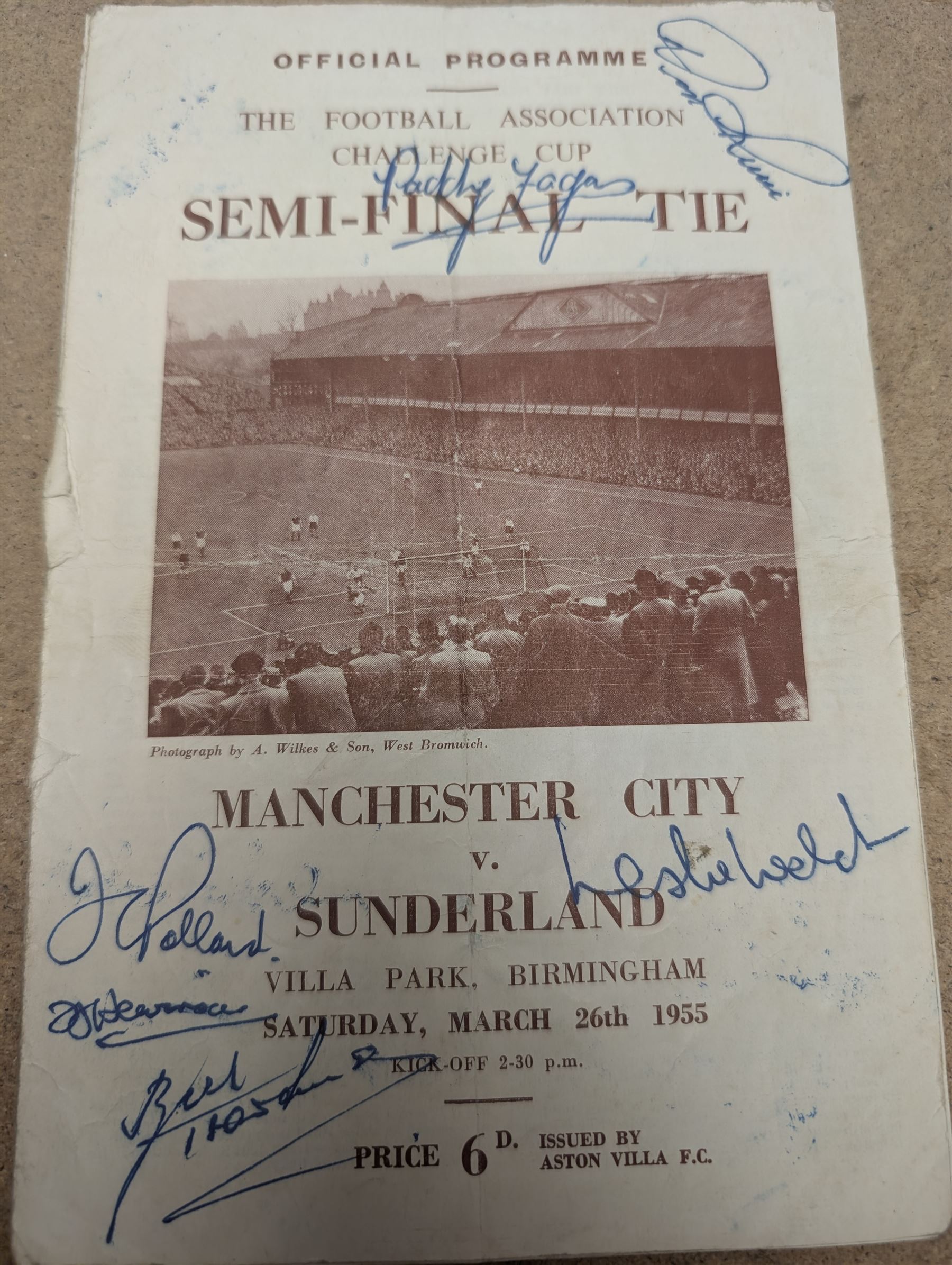 Two signed Football Association Challenge Cup semi final football programmes, comprising 1957 Birmingham vs. Manchester United at Hillsborough and 1955 Manchester City vs. Sunderland at Villa Park, with signatures of various footballers, some facsimile, including Leslie Welch and Don Revie