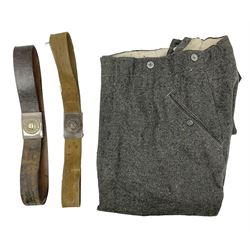 Pair of WW2 German Other Ranks trousers c1940-42, stamped C.& A. Brenninkmeyer Workstatten; WW2 German Army webbing belt with steel 'Gott Mit Uns' buckle; and WW2 German leather belt with 'Stahlhelm' (Steel Helmet League) members buckle (3)