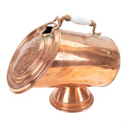 Pair of 19th century copper coal scuttles, of circular form raised on a circular stepped foot with hinged cover, H44cm, L50cm