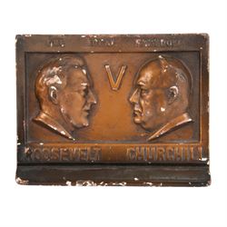 British Home front; blackout light cover, together with a wartime deco plaster plaque Roosevelt V Churchill, plaque H16cm, L20cm