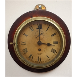 Smiths brass cased Bulkhead type clock, Roman dial with subsidiary seconds, on oak plaque, diam 18cm  