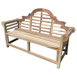 Lutyens design teak garden bench, shaped back over strap seat and scrolled arms - THIS LOT IS TO BE COLLECTED BY APPOINTMENT FROM DUGGLEBY STORAGE, GREAT HILL, EASTFIELD, SCARBOROUGH, YO11 3TX