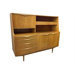 Mid-20th century teak sideboard, fitted with fall front cupboard, drawers and double cupboard