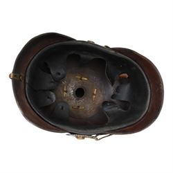 WWI Prussian M1895 Pickelhaube, Infantry 48 3rd battalion, the black leather skull with brass spike finial, brass eagle helmet plate and leather chin strap, one side with a black cockade, with leather lining  marked JR48 