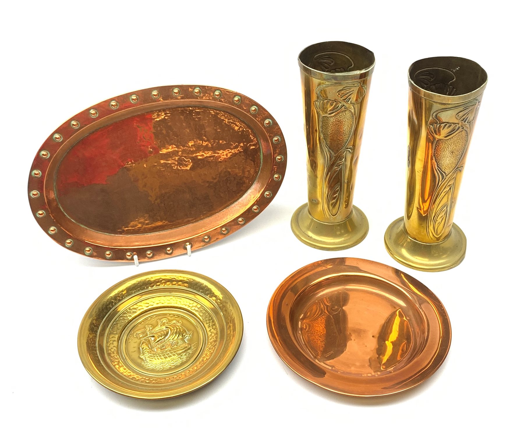 A pair of brass Arts and Crafts Beldray vases, each of slightly