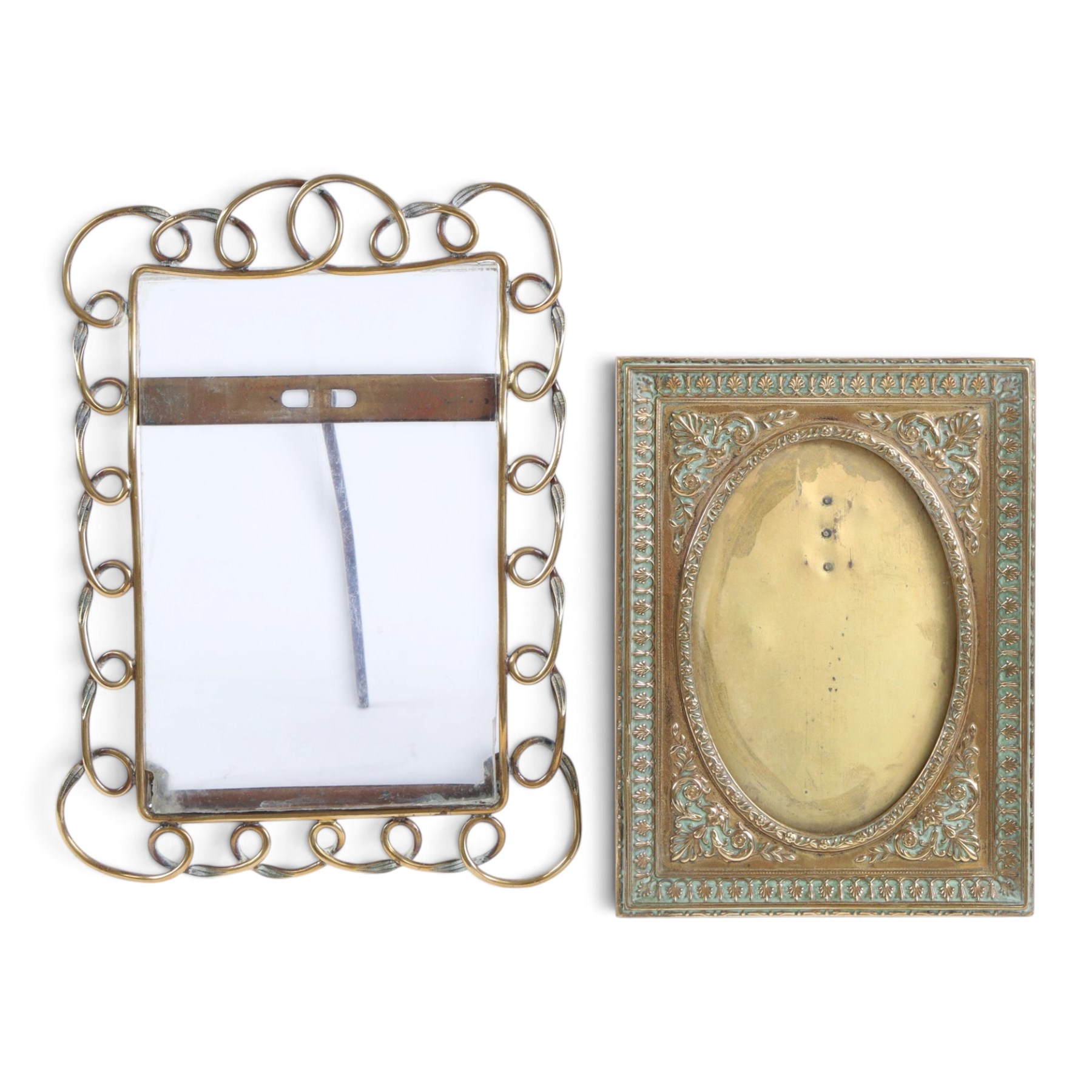 Collection of brass photo frames, including wire work examples, largest H37cm