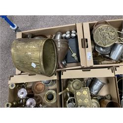 Large collection of metalware, to include decanters, teapots and fireside tools, in five boxes