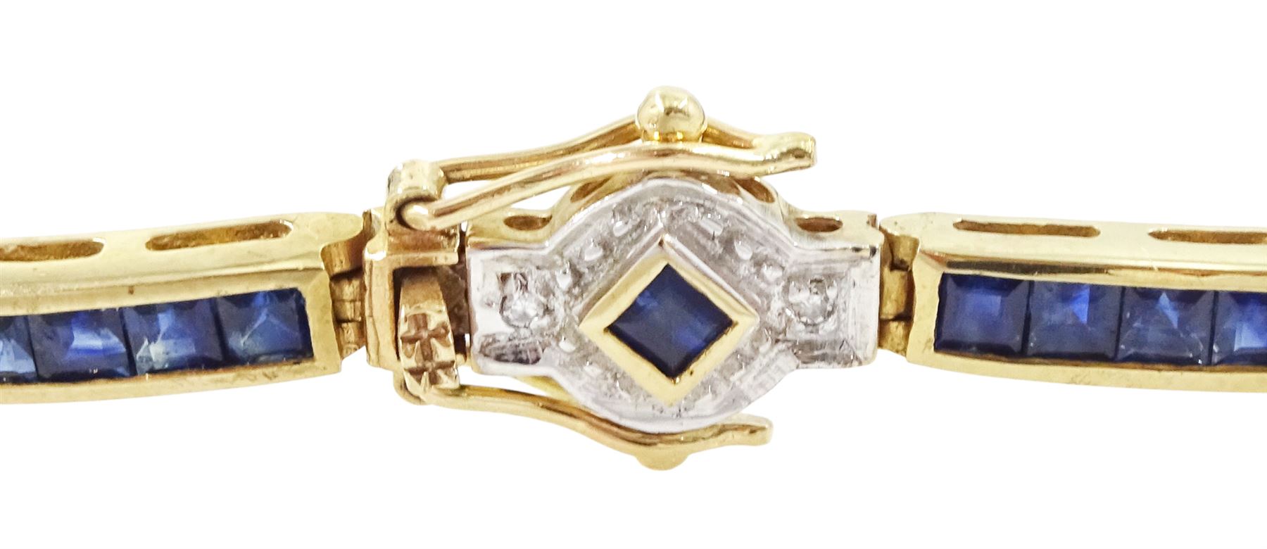 9ct gold sapphire and diamond bracelet, nine square cut sapphire and diamond chip clusters, each spaced by six channel set sapphire links, hallmarked