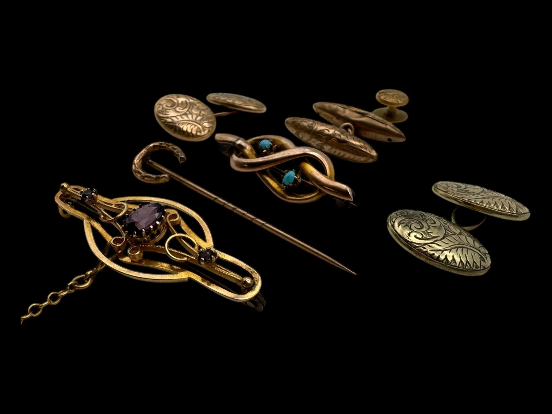 9ct gold jewellery, including two stone set brooches, three cufflinks, stud and a horseshoe stick pin
